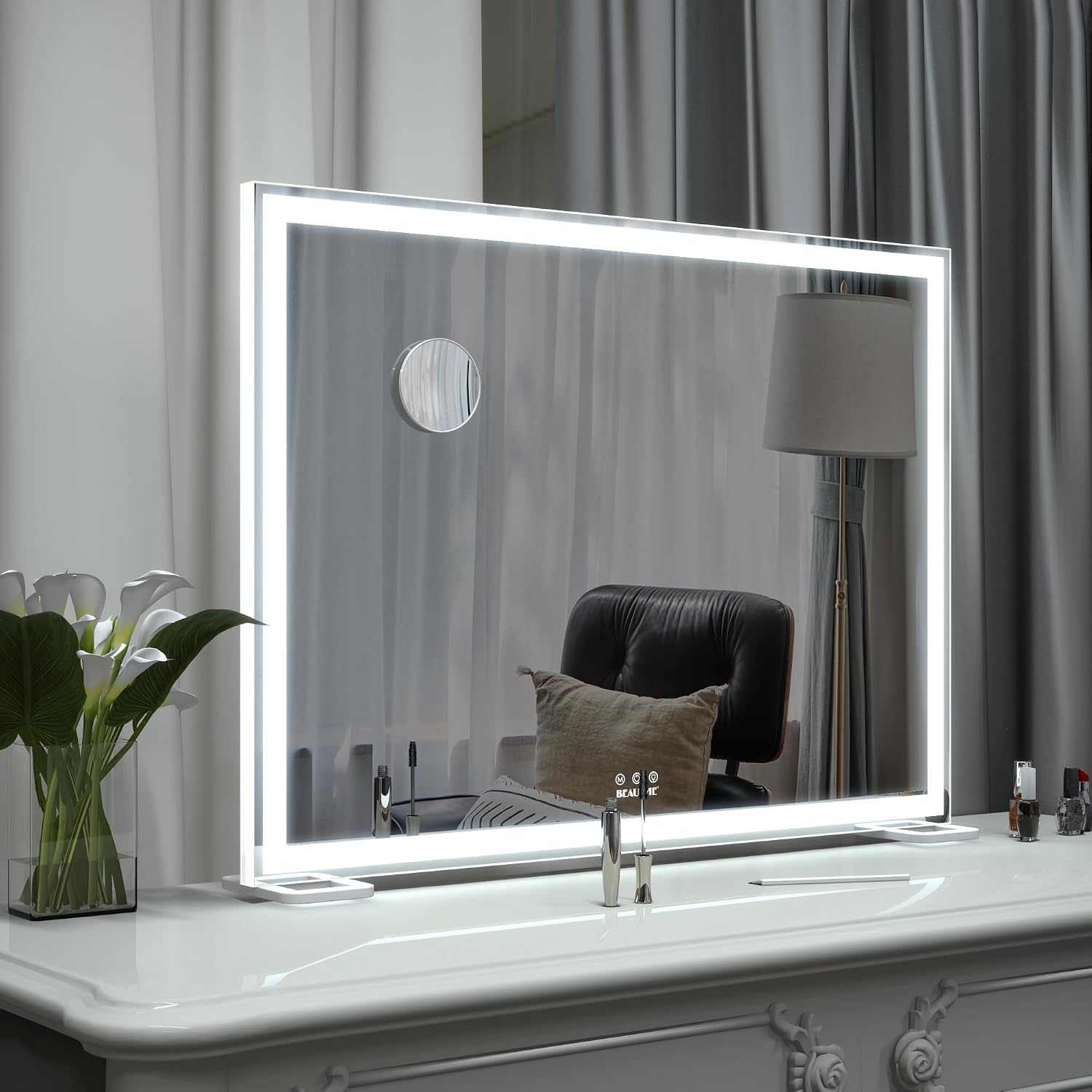 Miroir de courtoisie avec lumières pour table et dressing, miroir de maquillage éclairé Hollywood pour chambre à coucher (920 x 150 x 680 mm) Argenté 68L x 92l cm
