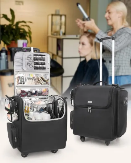 Relavel Trousse de maquillage à roulettes, sac de voyage professionnel avec 4 roues et 2 pochettes, séparateurs réglables, isolation thermique, couche complète, organiseur de rangement portable pour