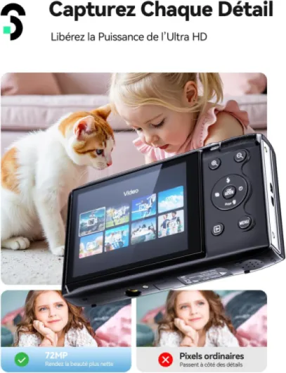 Appareil Photo Numérique Max 72MP avec vidéo 1080P, Appareil Photo Compact avec Zoom 16X 19 Filtres, Digital Camera 2 Batteries et Carte 32 Go, Digital Camera pour Adulte/Débutant/Enfant-Noir black