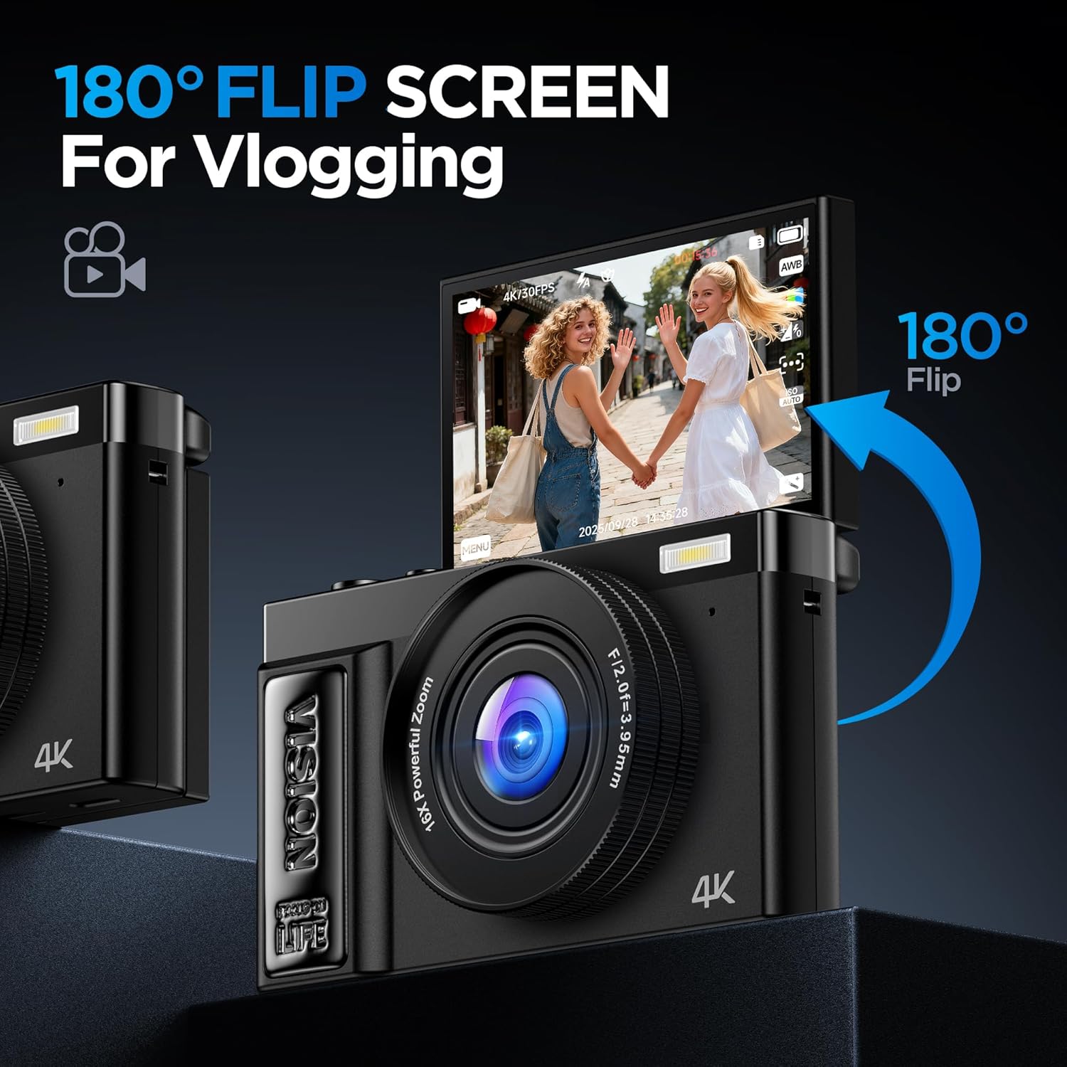 Appareil Photo Numérique 4K Digital: 64MP Appareils Numérique avec Écran Rabattable 180° avec Autofocus - Camera pour Vlog avec Carte 32GB - pour Adolescents Débutants Adultes Enfant Noir