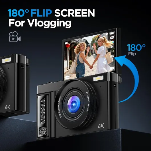 Appareil Photo Numérique 4K Digital: 64MP Appareils Numérique avec Écran Rabattable 180° avec Autofocus - Camera pour Vlog avec Carte 32GB - pour Adolescents Débutants Adultes Enfant Noir
