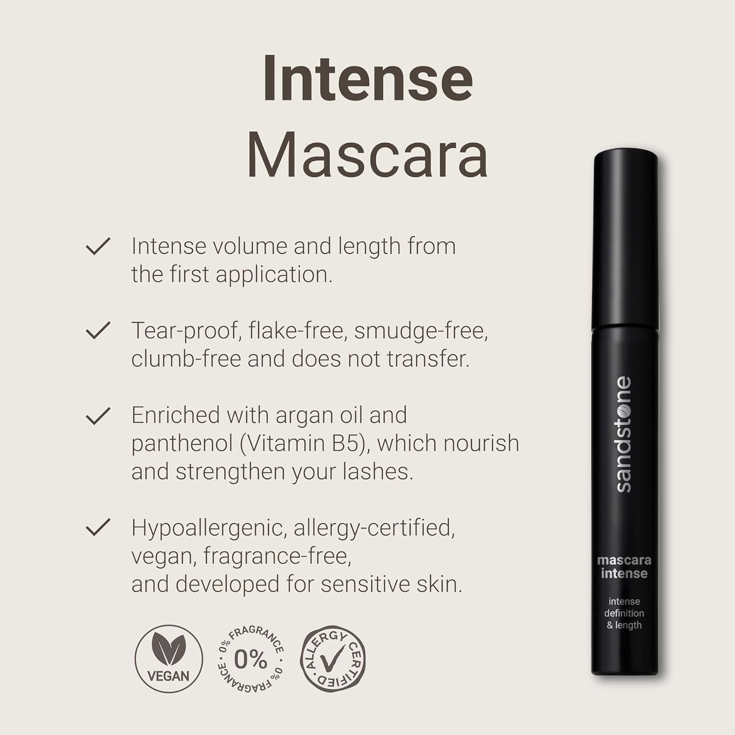 Sandstone Scandinavia Mascara Intense pour Yeux Sensibles - Hypoallergénique & Vegan - Anti-Bavures - Allongeant & Séparateur - Sans Parfum (Noir)