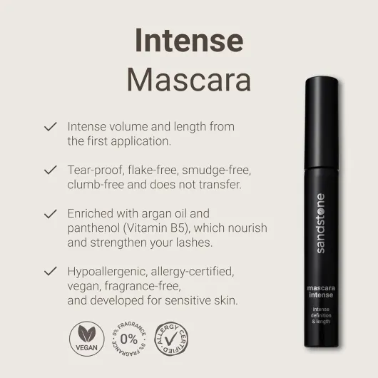 Sandstone Scandinavia Mascara Intense pour Yeux Sensibles - Hypoallergénique & Vegan - Anti-Bavures - Allongeant & Séparateur - Sans Parfum (Noir)