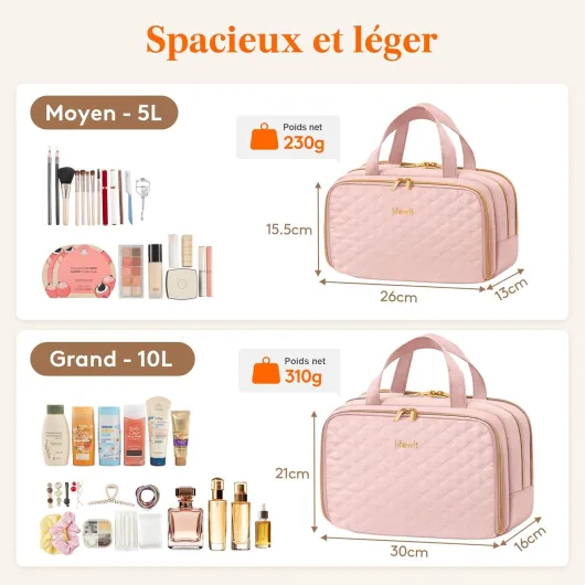 Trousse de Toilette Femme, Trousse de Toilette Voyage, Trousses de Maquillage, Sac de Rangement Toilette, Rangement Cosmétique avec Poignée, Cadeau pour Femme, L, Rose Rose L