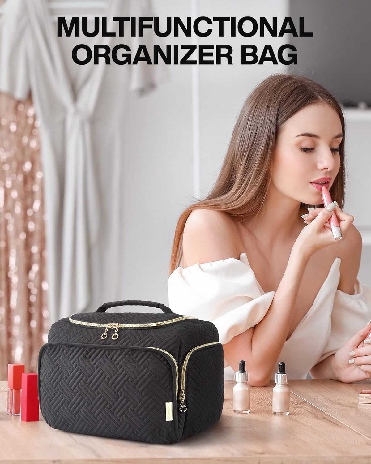 Trousse de Toilette Femme Voyage,Vanity Femme Grande Capacité,Imperméable Trousse de Maquillage avec Poignée pour Valise,Sacs de Voyage,Accessoires de Voyage(Noir,Taille L) Noir L