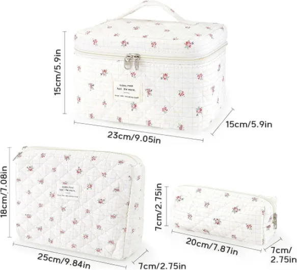 Lot de 3 Trousse à Cosmétiques Matelassée pour Femme, Toilette Matelassée avec Motif Floral, Trousse à Maquillage Fleurie, Sacs à Cosmétiques de Voyage avec Motif Floral Exquis Rouge Fleurie