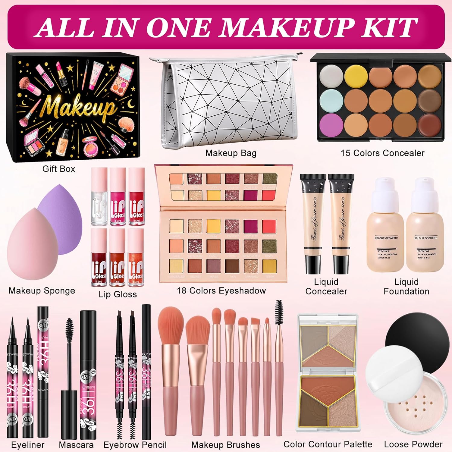 Coffret Maquillage Femme, Coffret Cadeau Beauté Ado Fille, Kit Maquillage Professionnel avec Palette à Yeux Fond de Teint Correcteur Contour Gloss à Lèvres Eyeliner Mascara Crayon Sourcil Pinceaux