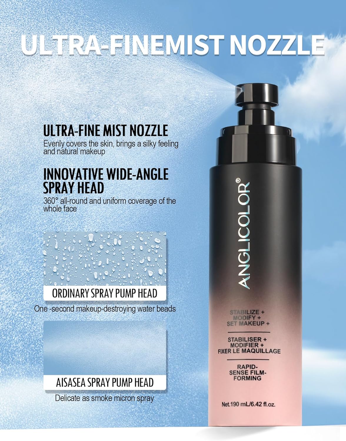 Mat fixateur maquillage spray,Film à séchage rapide en 15 secondes, brume ultra-fine, contrôle du sébum, tenue du maquillage jusqu'à 16 heures (190ml)