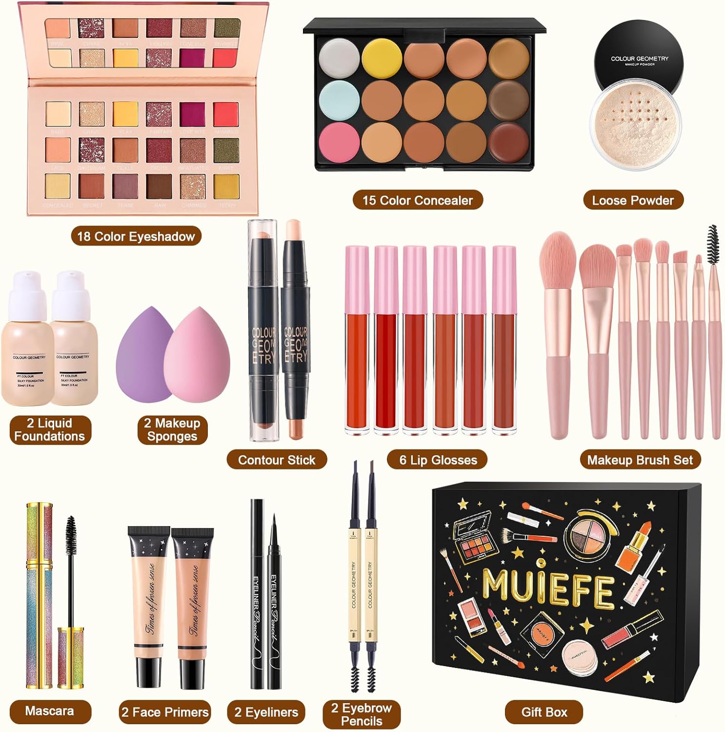 Kit de maquillage tout-en-un comprenant une palette de fards à paupières, un fond de teint, un gloss à lèvres, un anti-cernes, un mascara pour les yeux, un coffret cadeau de maquillage pour
