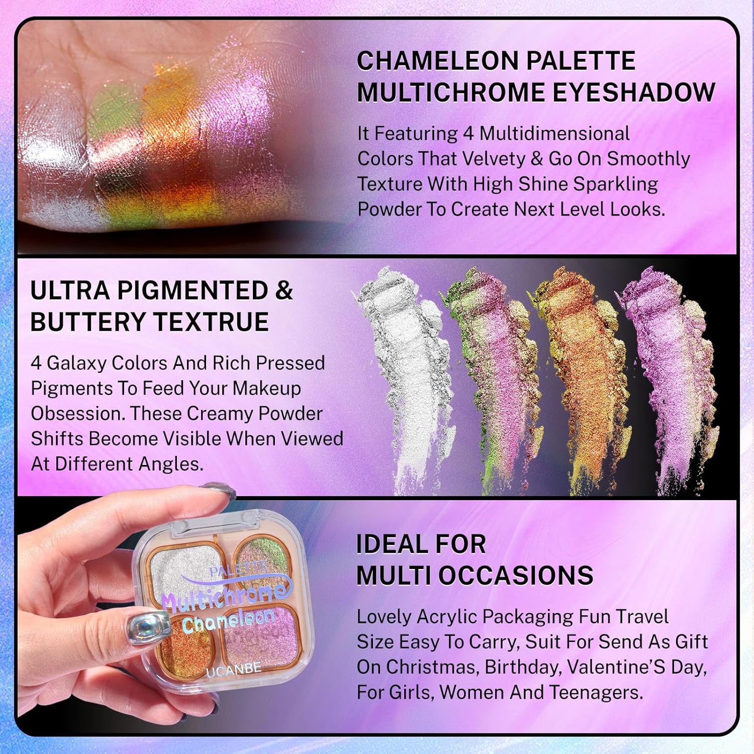 Palette Multichrome Chameleon de Fard à Paupières, 4 Couleurs Palette d'Eyeshadow Holographique Métallique Paillettes, Fard à Paupières Duo Chrome Hautement Pigmenté et Crémeux(02)