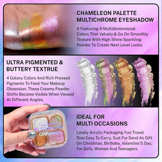 Palette Multichrome Chameleon de Fard à Paupières, 4 Couleurs Palette d'Eyeshadow Holographique Métallique Paillettes, Fard à Paupières Duo Chrome Hautement Pigmenté et Crémeux(02)