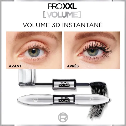 L'Oréal Paris - Mascara Pro XXL Volume - Effet Faux Cils Professionnel - Technologie Double Brosse - Longue Tenue - Teinte : Noir - 12 ml Noir/blanc