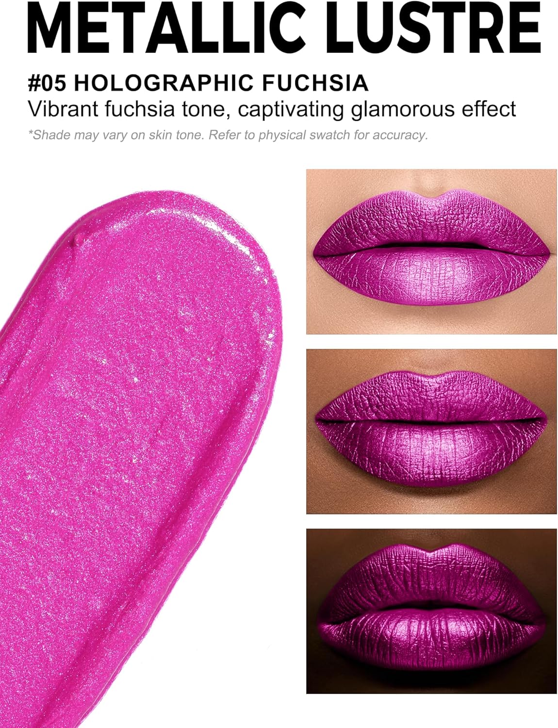 Rouge à Lèvres Rose Métallique,Formule Crémeuse Hydratant Pour Des LèVres Douces Et Pulpeuses,Rouge A Levre Rose Pailleté,InfuséE En Vitamine E (05 HOLOGRAPHIC FUCHSIA)
