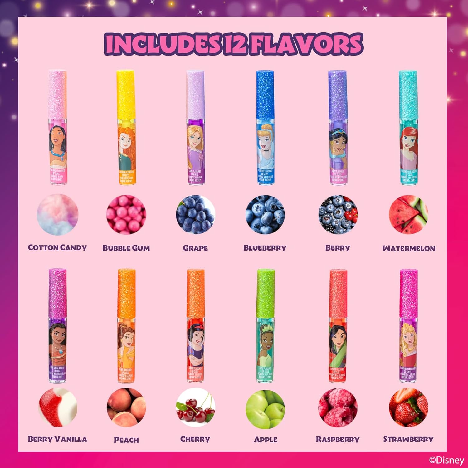 Disney Princesse 12 pièces à base de plantes Gloss à lèvres filles faveurs de fête, premier maquillage parfait pour les fêtes, cadeaux d'anniversaire Sleepovers âges 3 + par Townley Girl Multicolore 0.08 ml (Lot de 12)
