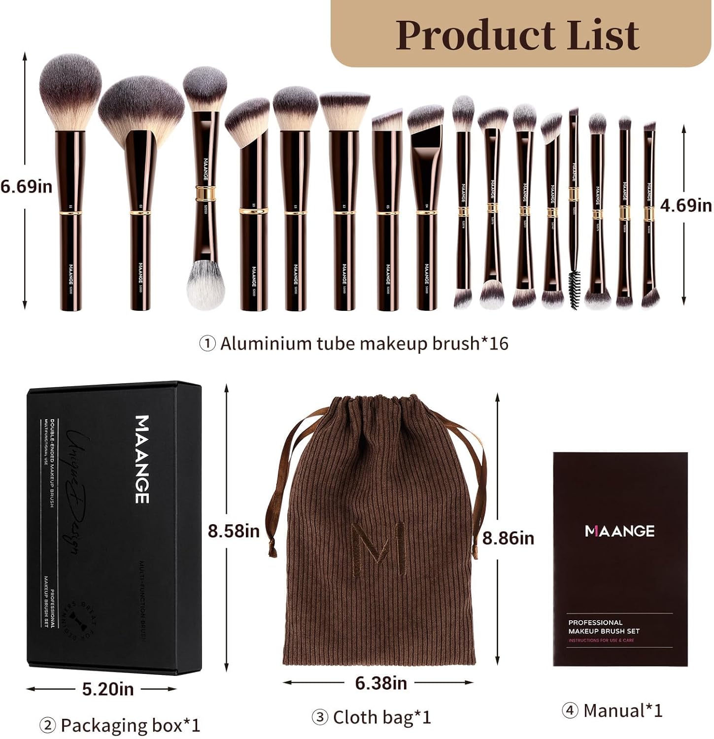 MAANGE Pinceaux Maquillages Professionnels 16 Pièces, Coffret Double Face pour Fond de Teint, Poudre, Contour et Fard à Joues, Set Complet avec Pochette et Boîte Cadeau (Marron Café)