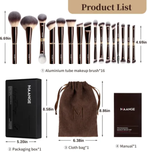 MAANGE Pinceaux Maquillages Professionnels 16 Pièces, Coffret Double Face pour Fond de Teint, Poudre, Contour et Fard à Joues, Set Complet avec Pochette et Boîte Cadeau (Marron Café)