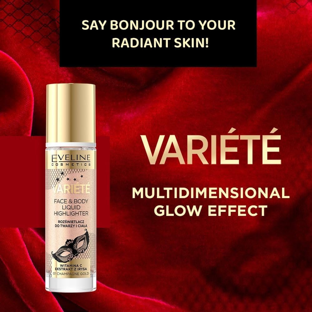 Eveline Cosmetics Varit Surligneur liquide n° 01 Champagne Gold - Formule polyvalente pour joues, yeux, lèvres et corps - Enrichi en vitamine C et extrait d'iris