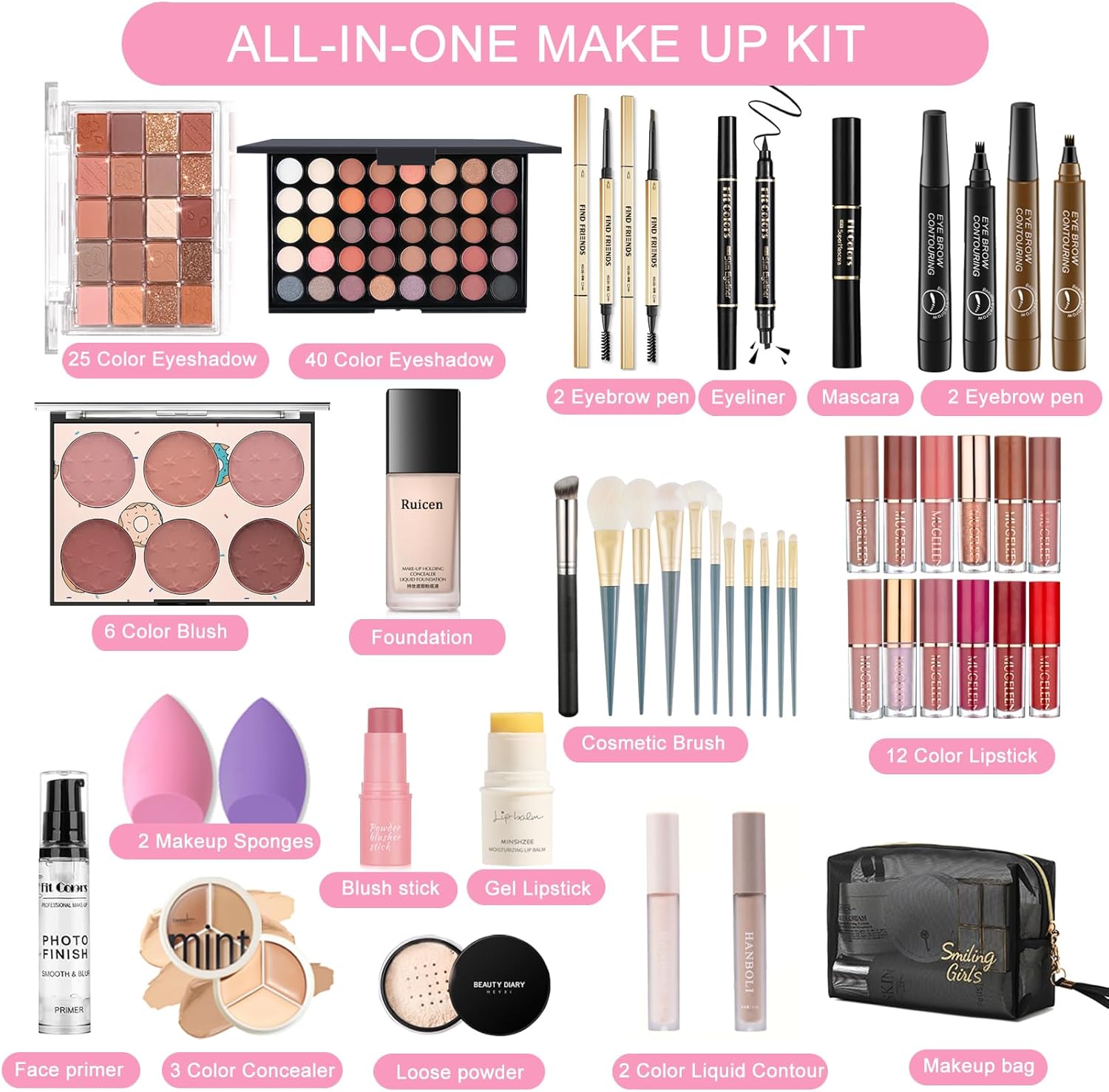 Kit de maquillage pour adolescentes & femmes, kit de maquillage de voyage, ensemble de maquillage portable pour débutants et professionnels, ensemble cosmétique comprenant fond de teint-01 Style A (Matte Eyeshadow)