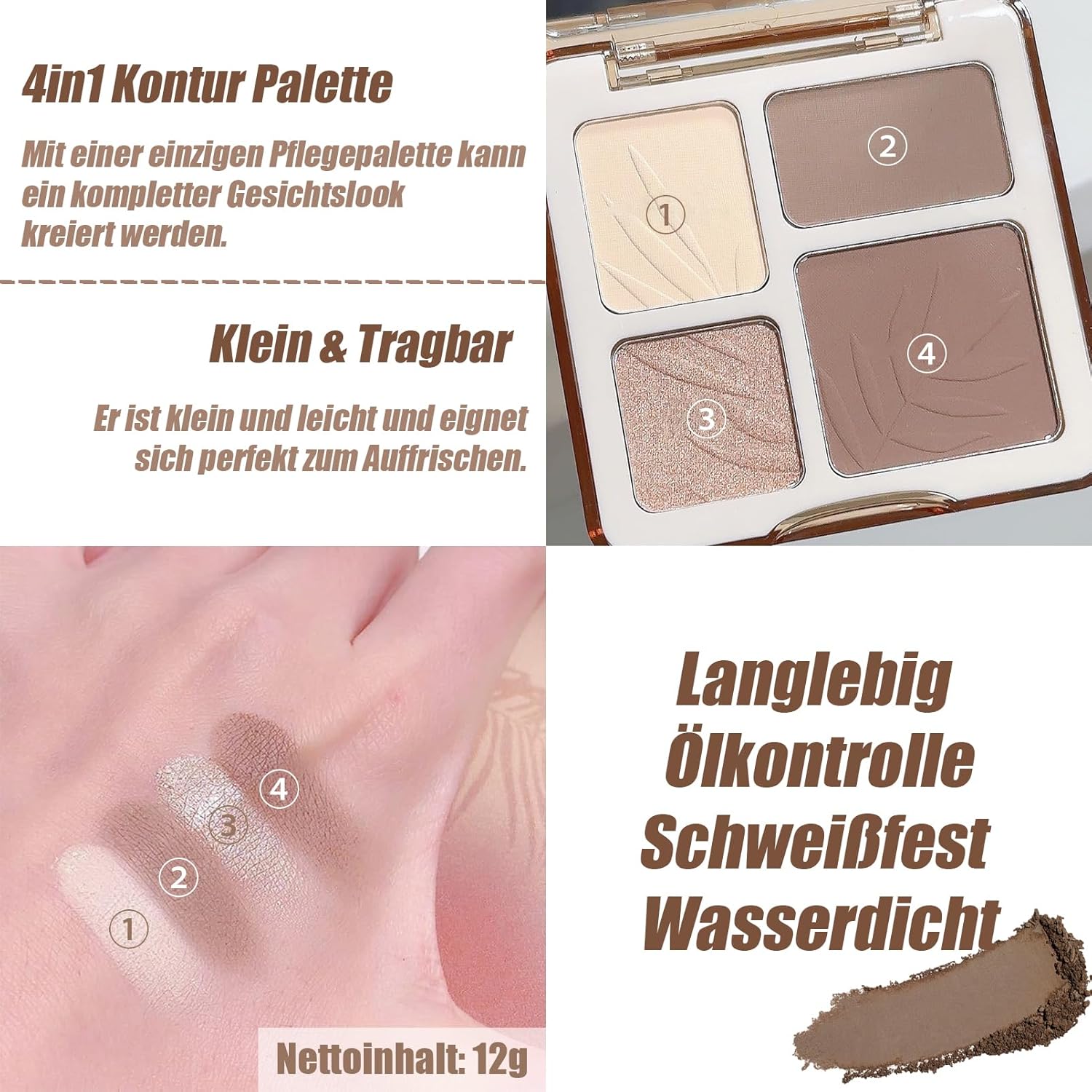 Palette de maquillage surligneur et contouring - 4 couleurs - Poudre fine et haute pigmentation - Durable et imperméable - Avec 2 pinceaux - Texture légère