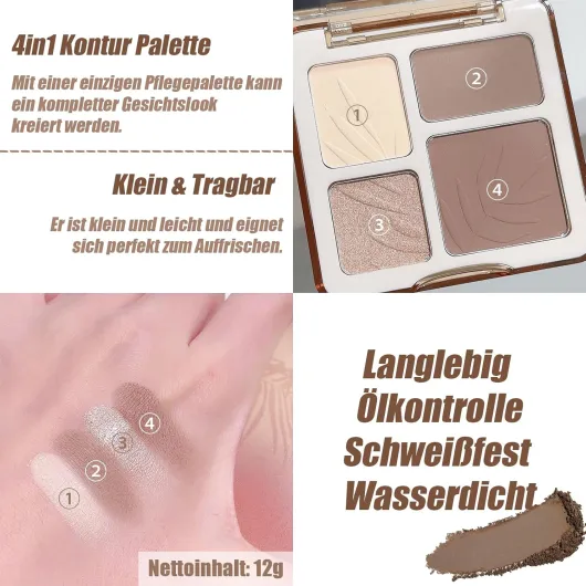 Palette de maquillage surligneur et contouring - 4 couleurs - Poudre fine et haute pigmentation - Durable et imperméable - Avec 2 pinceaux - Texture légère