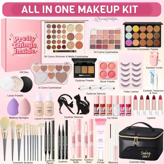 Coffret Maquillage Femme, Kit Maquillage Professionnel Complet, Kit de Cadeau Tout-en-un avec Ombres à Paupières Fond de Teint Correcteurs Eyeliner Mascara Gloss à Lèvres Rouge Lèvres Crayon Sourcil