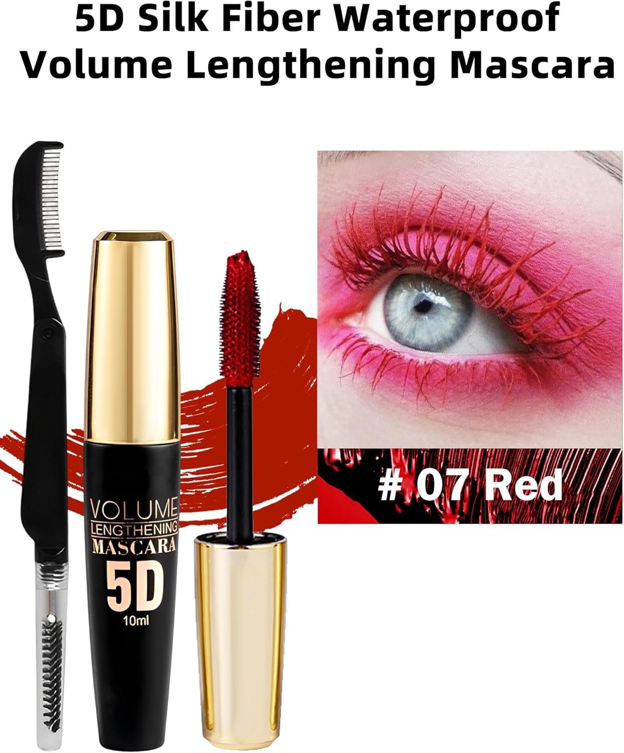 5D Mascara Volume et Longueur Rouge, Mascara Extension de Cils Effet Volume,Waterproof et Longue Tenue avec une Définition Précise,Not Blooming Eye Lashes Thick Curling Maquillage pour Femmes-07 Noir, marron, blanc, bleu, violet