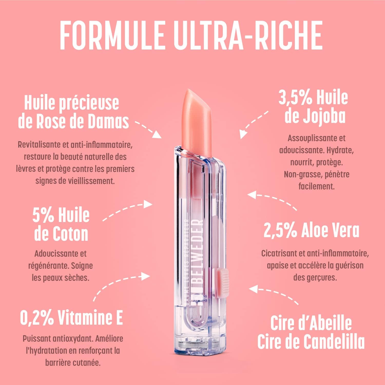Baume à Lèvres Réparateurs à l'Huile Précieuse de Rose de Damas - Anti-Âge - Stick Lèvres Hydratant et Régénérant - Baume Lèvres Transparent Nacré - Fragrance de Rose - 1 Stick de 3,5g 1 x Huile de Rose de Damas