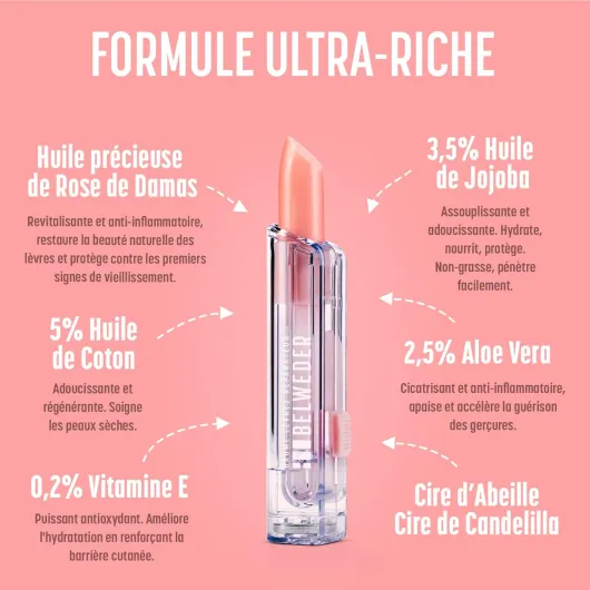 Baume à Lèvres Réparateurs à l'Huile Précieuse de Rose de Damas - Anti-Âge - Stick Lèvres Hydratant et Régénérant - Baume Lèvres Transparent Nacré - Fragrance de Rose - 1 Stick de 3,5g 1 x Huile de Rose de Damas