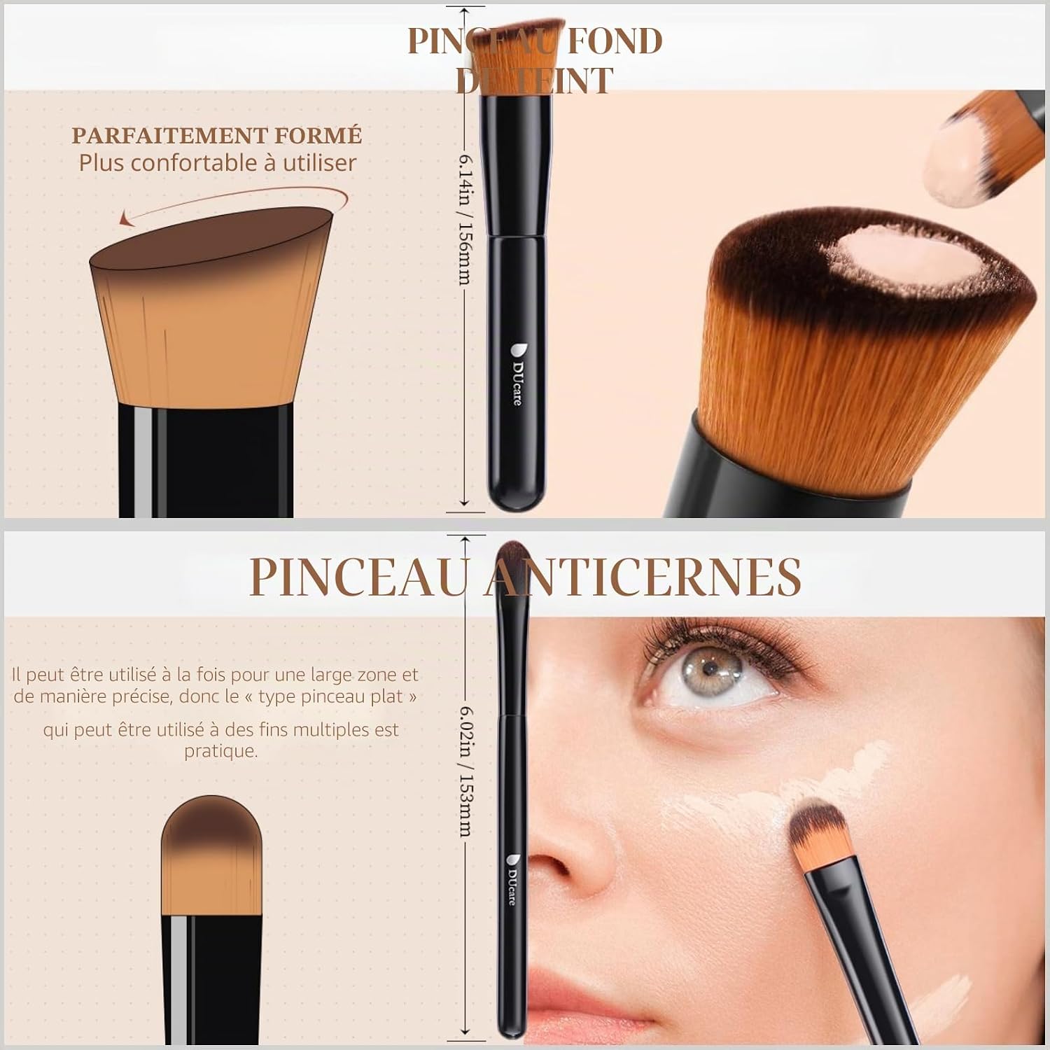 Lot de 2 pinceau fond de teint pinceaux à fond de teint et anti-cernes pinceau Kabuki synthétiques professionnels pinceaux maquillages pour le mélange liquide,crème ou poudre Marron