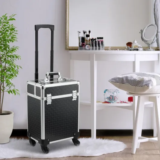Valise Trolley Maquillage Mallette cosmétique Vanity poignée télescopique réglable 34L x 24l x 52H cm alu - Noir