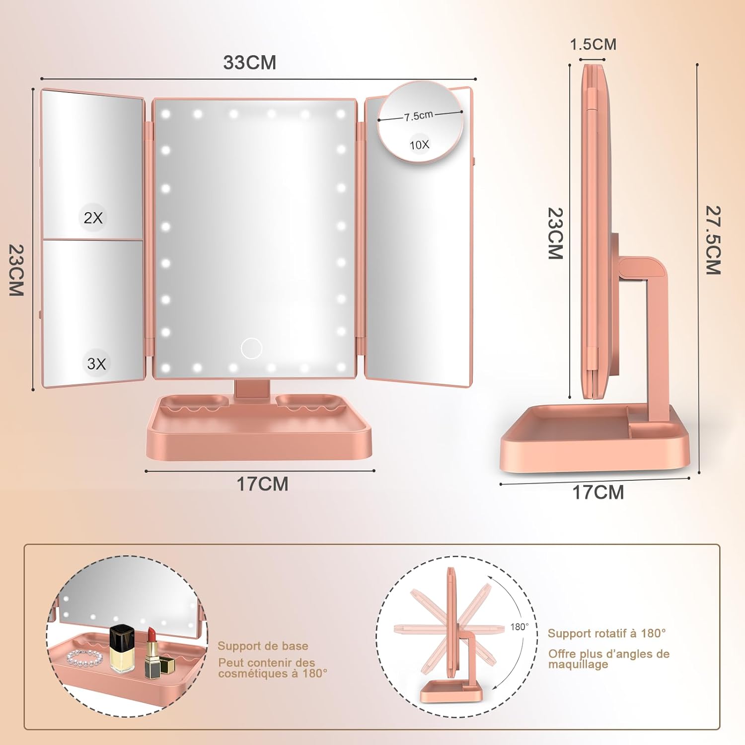 Miroir de Maquillage Lumineux Professionnel - Miroir Tripliant Pliable avec 24 LEDs, Grossissement 1X/2X/3X/10X, Écran Tactile, Rotation 180°, Alimentation Double (USB/Batterie) - Or Rose