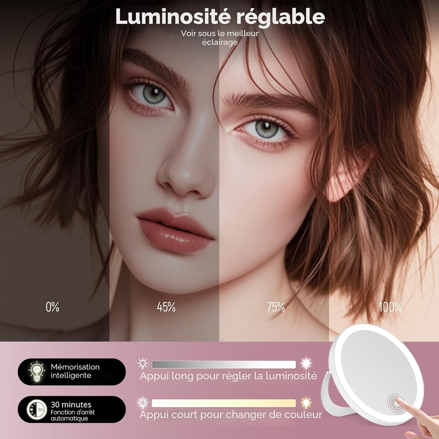 MOMOKUBA Miroir grossissant avec éclairage, Miroir 30x avec Ventouse, Couleurs Lumineuses et à intensité Variable, pour Maquillage de précision, Miroir Mural ou de Table pour Salle de, Blanc Bianco