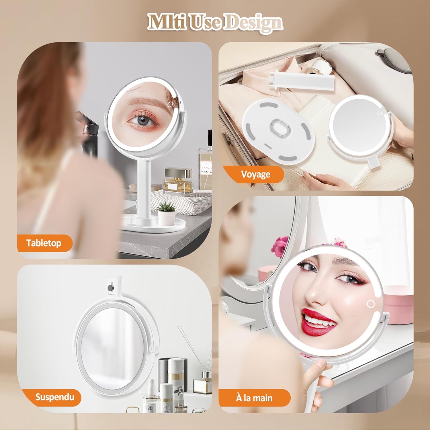 MOMOKUBA Miroir Grossissant Lumineux X 20, Miroir Grossissant sur Pied 8", miroirs Maquillage Lumineux sur Pied Double Face 3 Couleurs 64 LED, Rechargeable Rotation 360° Blanc - 20x - Bureau