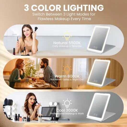 Miroir Maquillage Lumineux avec 72 LED, 1500mAh luminosité Ajustable,3 Modes d'éclairage, Miroir de Maquillage Pliable et Portable, idéal pour Les Voyages et la Chambre.
