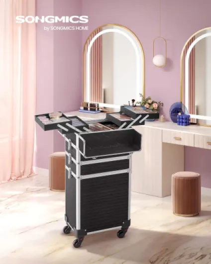 Valise de Maquillage Professionnel 4-en-1, Mallette Cosmétique, XXL, 34 x 24 x 79,3 cm, Verrouillable, roulettes à 360°, pour Voyages, Manucure, Maquilleur, Coiffure, Noir JHZ015B01 Noir 4 Niveaux (34L x 24l x 79,3H cm) surface en ABS