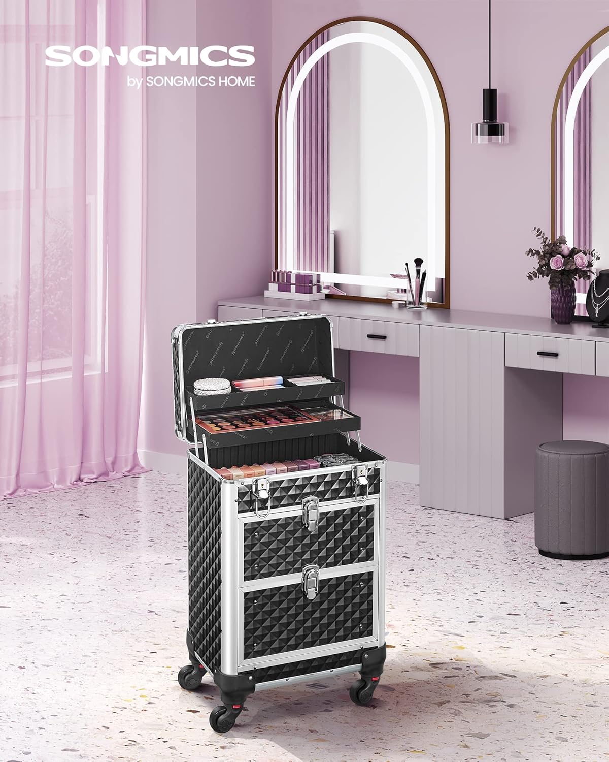 Valise de Maquillage Professionnel, Mallette Cosmétique, avec 2 Tiroirs, Grand, 34 x 24 x 56 cm, Roulette Pivotante à 360°, Voyage, Manucure, Maquilleur, Coiffure, Noir JHZ08BK