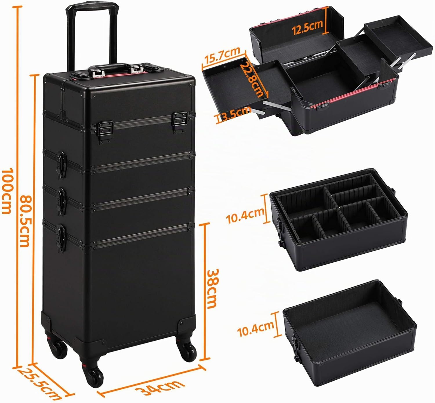 Valise Maquillage à roulettes 4 en 1 Cadre Aluminium Mallette Mauillage Professionnelle Bijoux Cosmétique Noir 34x25.5x80 cm Noir Pur