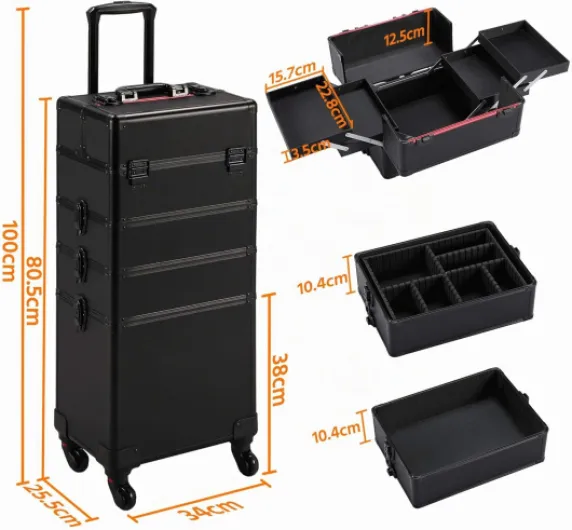 Valise Maquillage à roulettes 4 en 1 Cadre Aluminium Mallette Mauillage Professionnelle Bijoux Cosmétique Noir 34x25.5x80 cm Noir Pur