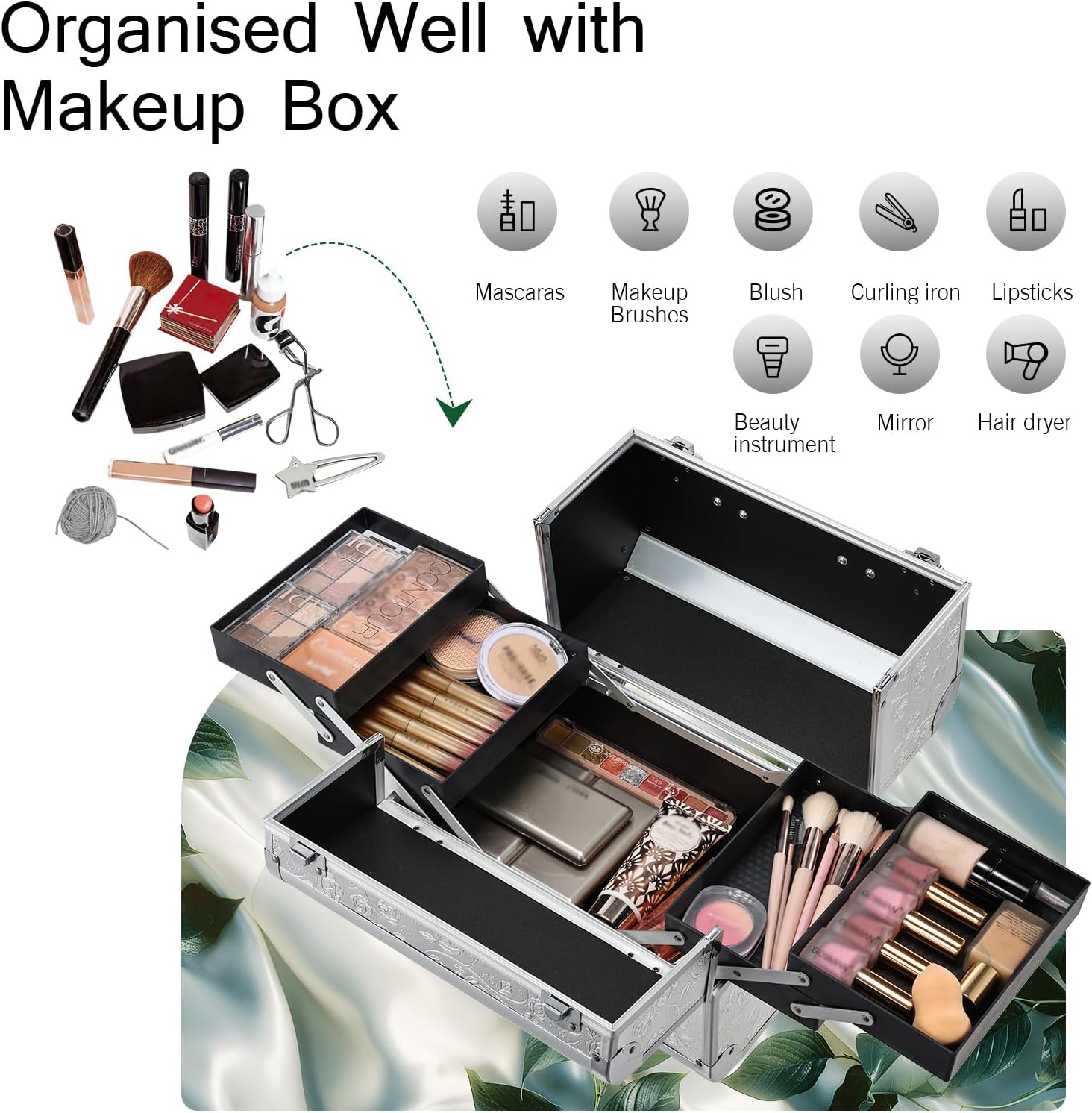 Malette Maquillage Professionnelle en Aluminium Vanity Maquillage Multifonction pour Cosmétiques, Coiffure et Manucure Organisateur de Rangement Makeup, Argenté