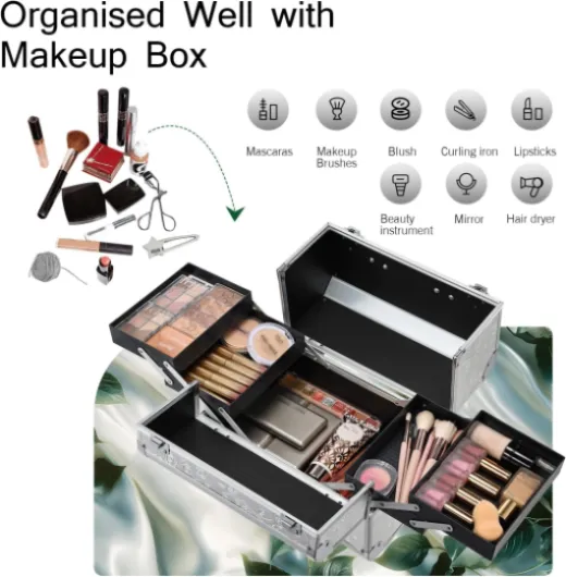 Malette Maquillage Professionnelle en Aluminium Vanity Maquillage Multifonction pour Cosmétiques, Coiffure et Manucure Organisateur de Rangement Makeup, Argenté