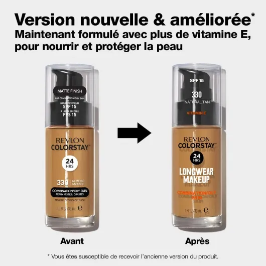 ColorStay - Fond de teint Longue Tenue 24H - Maquillage Teint et Soin Peaux Mixtes à Grasses - Formule Nourrissante et Protectrice à Base de Vitamine E - SPF 15-30 ml - N180 Sand Beige N° 180 Beige Sable 1 unité (Lot de 1)