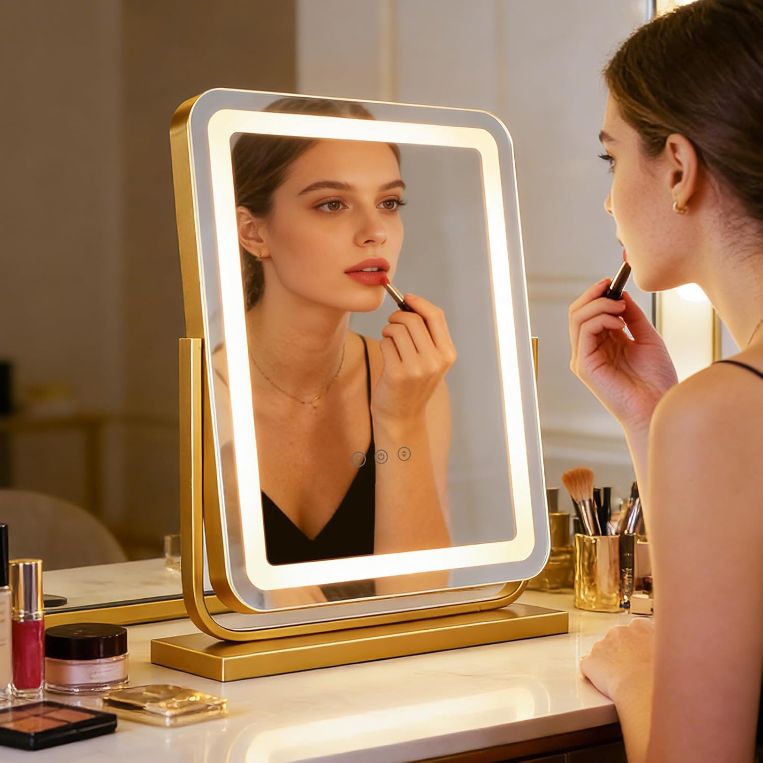 Miroir de Table Carré avec Éclairage LED 40x47 cm, Contrôle Tactile, 3 Modes de Couleur (Froid/Chaud/Naturel), Rotation 360° Miroir de Maquillage Hollywood, Luminosité Réglable Or 47L x 40l cm
